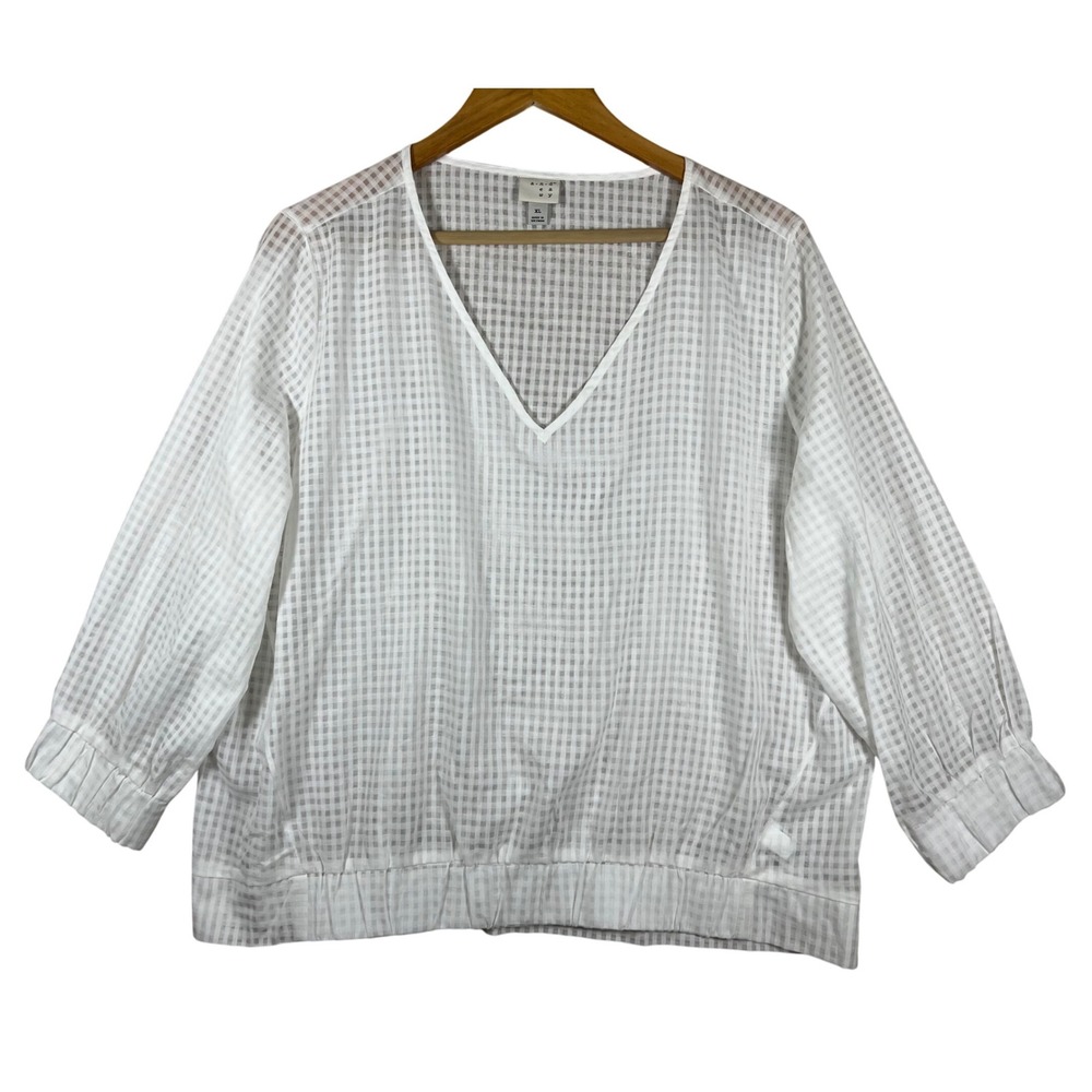 A New Day Women's White Gingham Plaid Sheer V-Neck 3/4 Sleeve Blouse XL BOHO